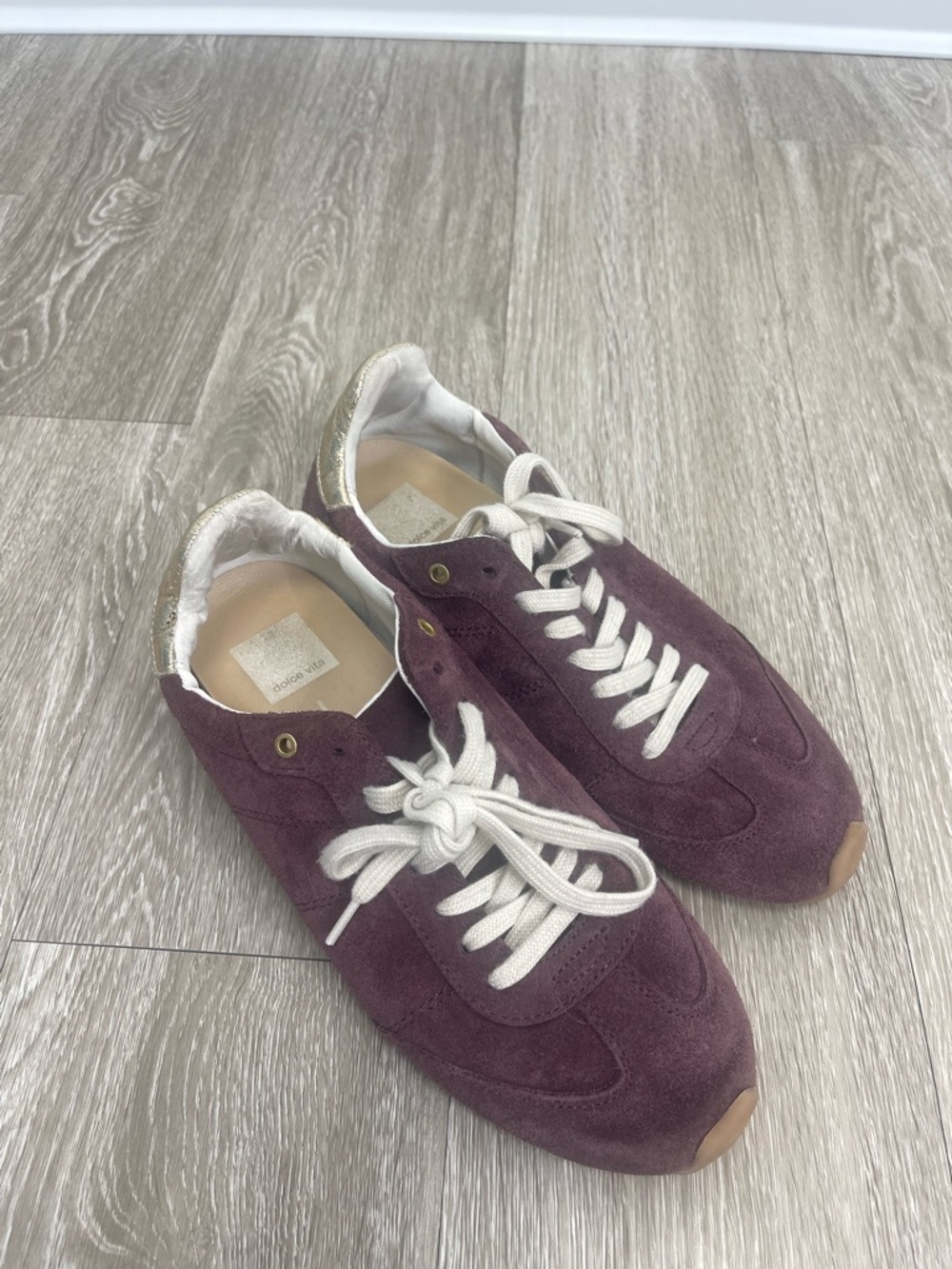 Dolce Vita Plum Suede Sneakers with White Laces and Gold Heel